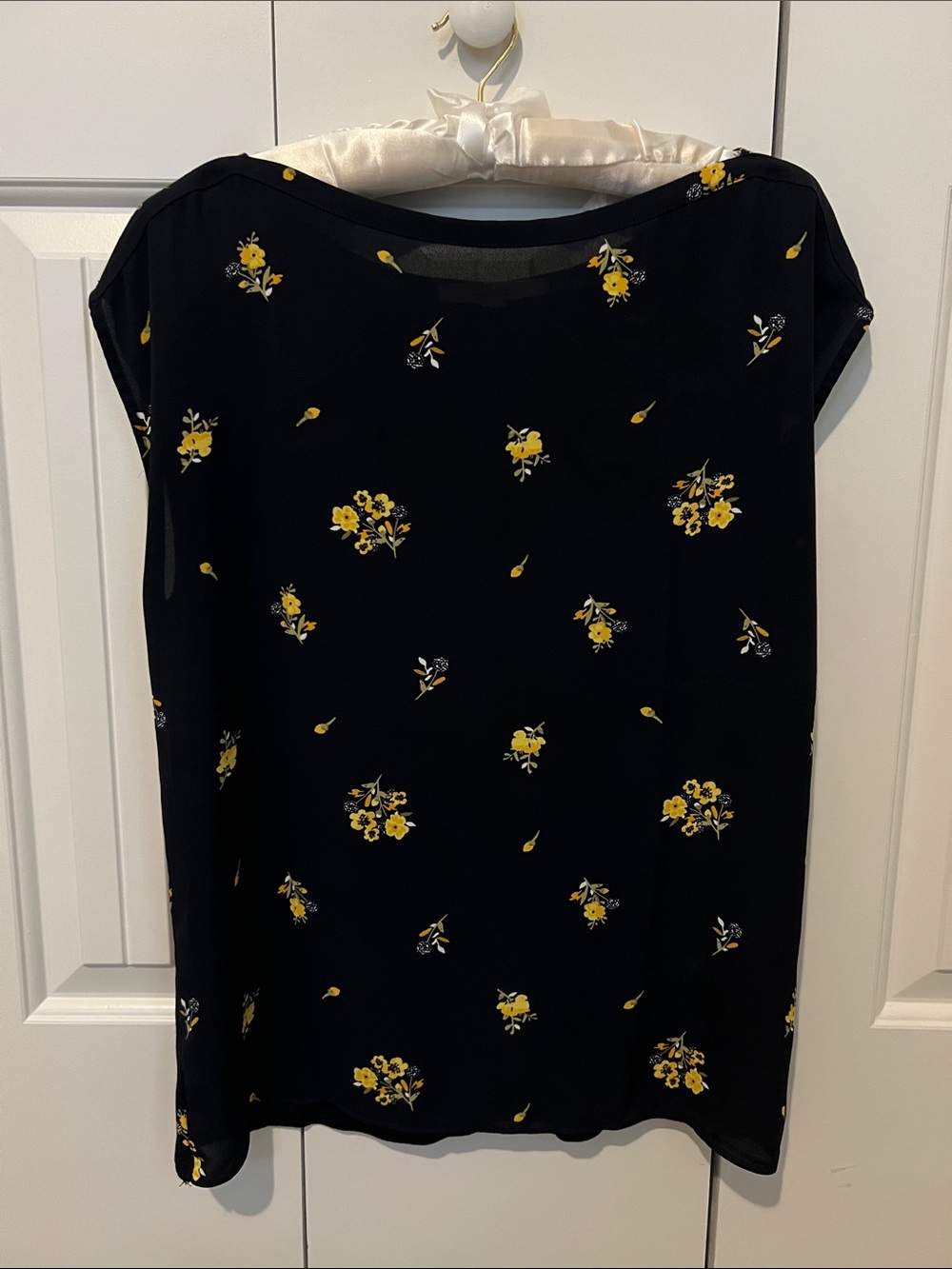 LOFT Navy Blue Short-Sleeve Blouse with Yellow Floral Print